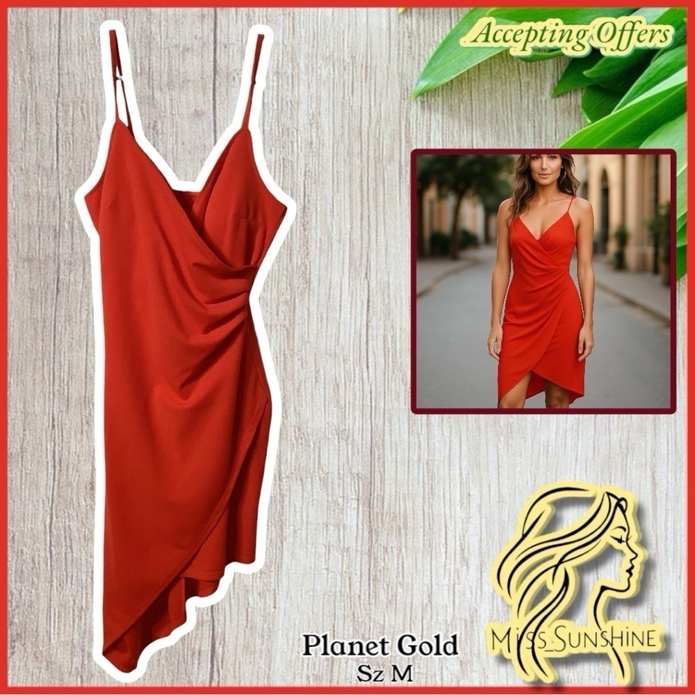 Planet Gold NWOT - Sz M - Red Asymmetrical elegant Wrap Dress